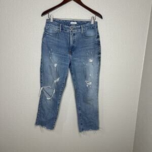 Good American Classic Skinnyish Hi Rise Distressed Jeans Raw Hem Size 4 27